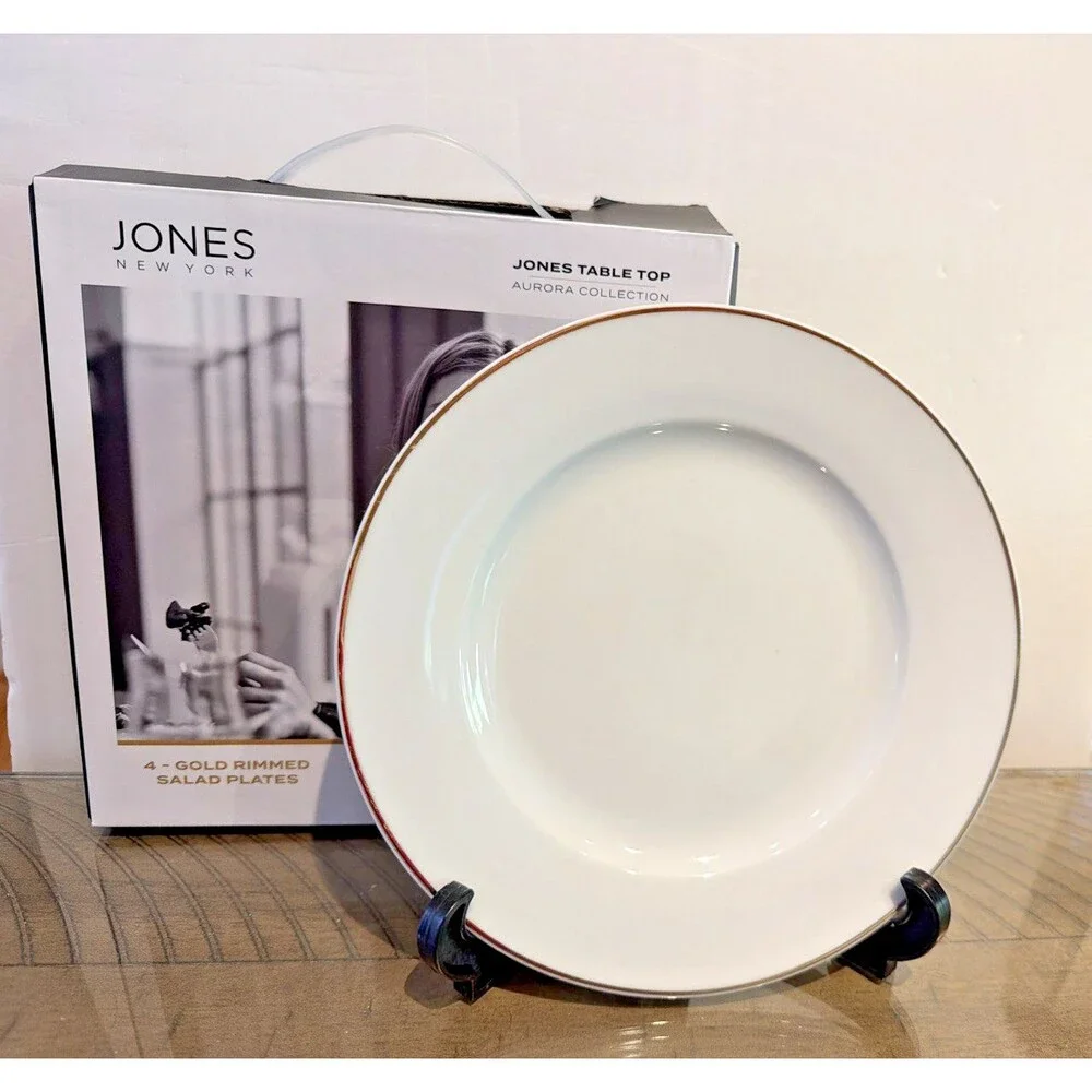 Jones New York Aurora salad Plates Gold Trim White 8.5